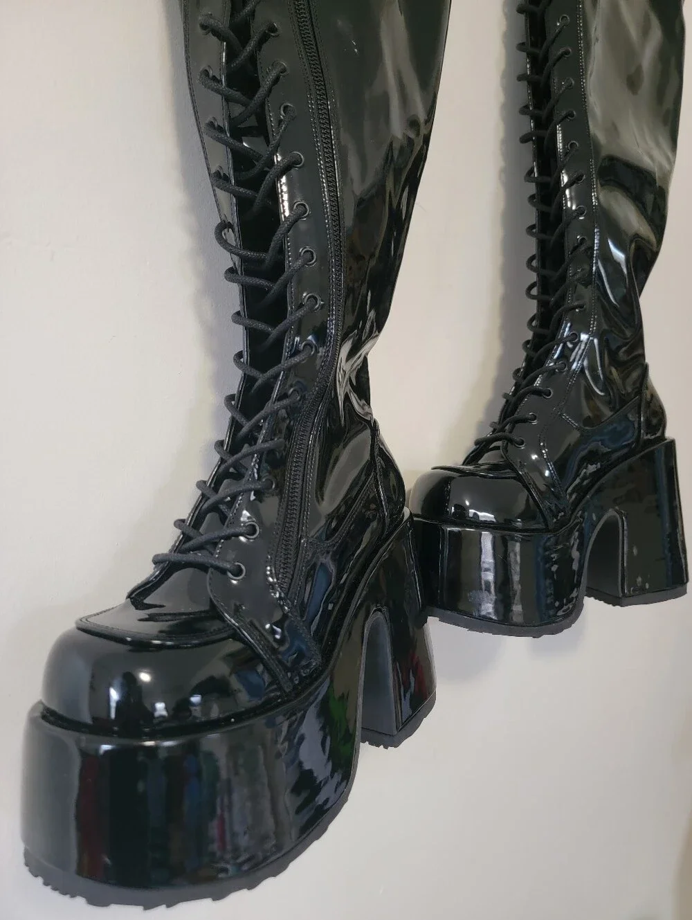 Demonia Camel 300wc High-Shine Black Patent Platform Knee-High Boots